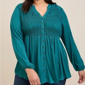 TORRID Smocked Crinkle Gauze Teal Tunic Blouse Top